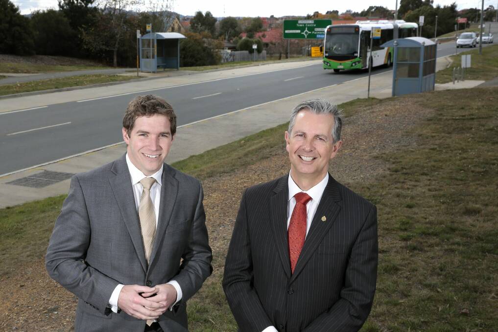 Liberal transport spokesman Alistair Coe and Opposition Leader Jeremy Hanson have committed to funding duplication of Tuggeranong's Ashley Drive between Erindale Drive and Johnson Drive. Photo: Jeffrey Chan