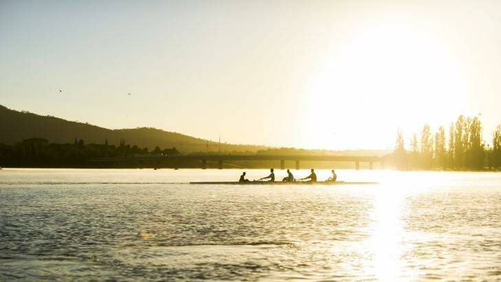 The ANU Boat Club celebrate the 50th anniversary since the Federal Department of Interior allowed rowing on Lake Burley Griffin on 18th April 1964. Photo: Rohan Thomson