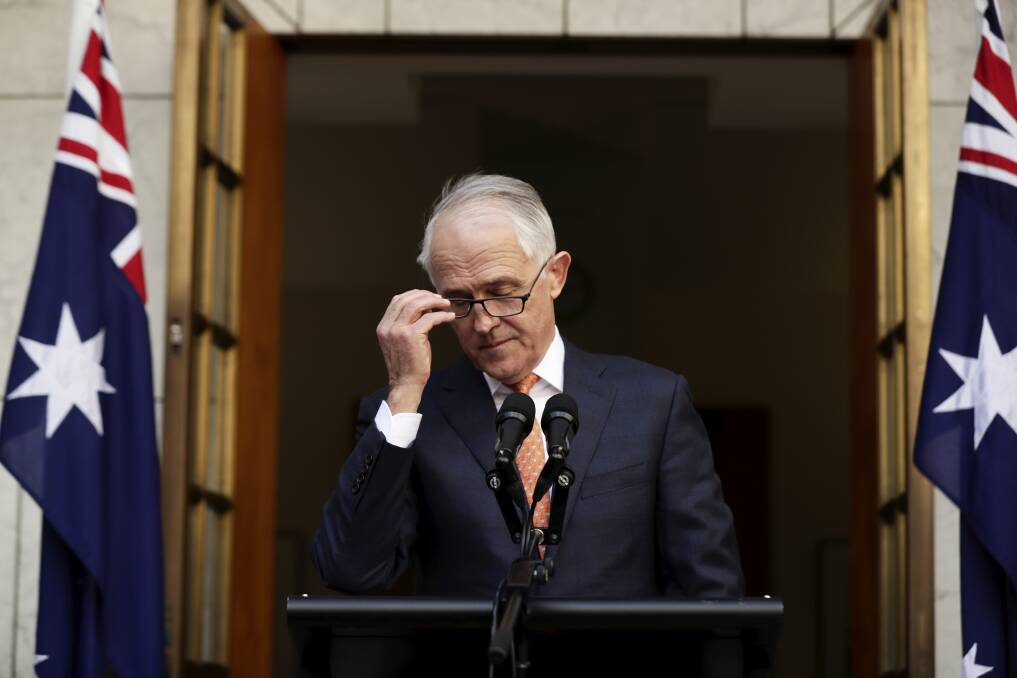 Former Prime Minister Malcolm Turnbull at his last press conference as leader. Photo: Alex Ellinghausen