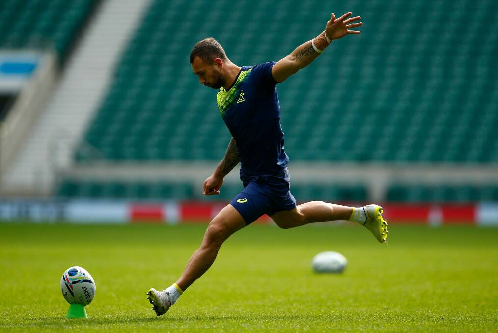 Recall:  Quade Cooper practises his kicking during Australia's Captain's Run ahead of the 2015 Rugby World Cup Quarter Final. Photo: Getty Images