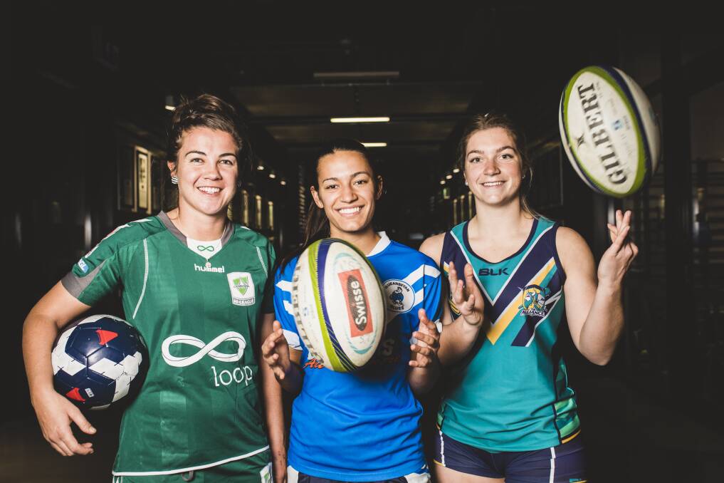UC sevens players Sammie Wood, Kasey Dragisic, and Breanna Toze all come from different sporting backgrounds. Photo: Jamila Toderas