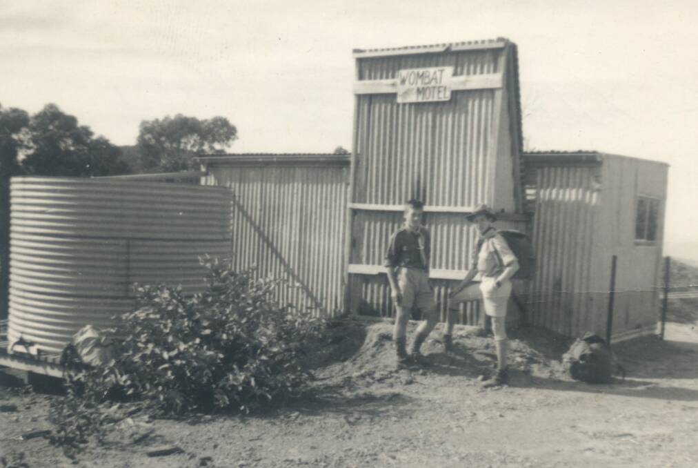 The Wombat Hotel photographed in 1961 with scouts Paul Gottleib and John Granger of the 4th Canberra Troop which met in the hall on the corner of Flinders Way and La Perouse St, Griffith. Photo: Richard Fisher