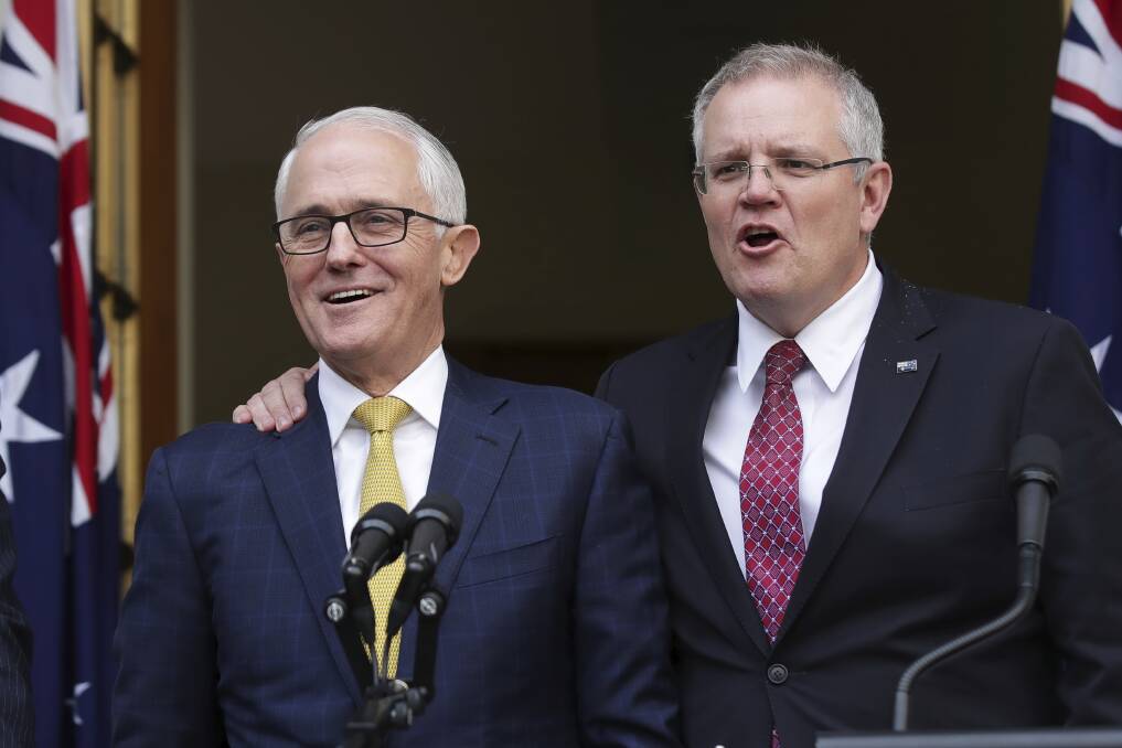 Prime Minister Malcolm Turnbull and Treasurer Scott Morrison at Parliament House in Canberra. Photo: Alex Ellinghausen