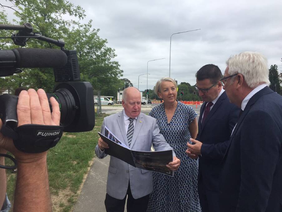 ACT Planning Minister Mick Gentleman, National Capital Authority chief executive Sally Barnes, ACT Liberal Senator Zed Seselja and National Capital Authority chair Terry Weber at the launch of the City and Gateway Urban Design Framework on Wednesday. Photo: Megan Doherty