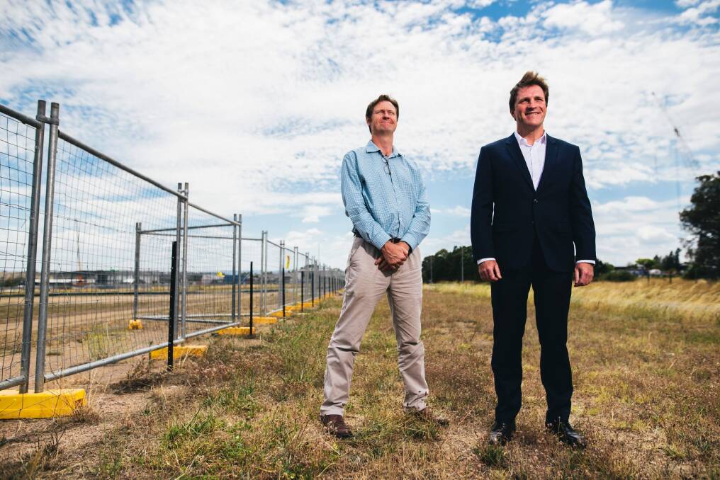 Foy's Bevan Dooley and Stuart Clark at the site of the plastics-to-fuel factory in Hume, now rejected by the ACT government but still in Foy's sights. Photo: Rohan Thomson