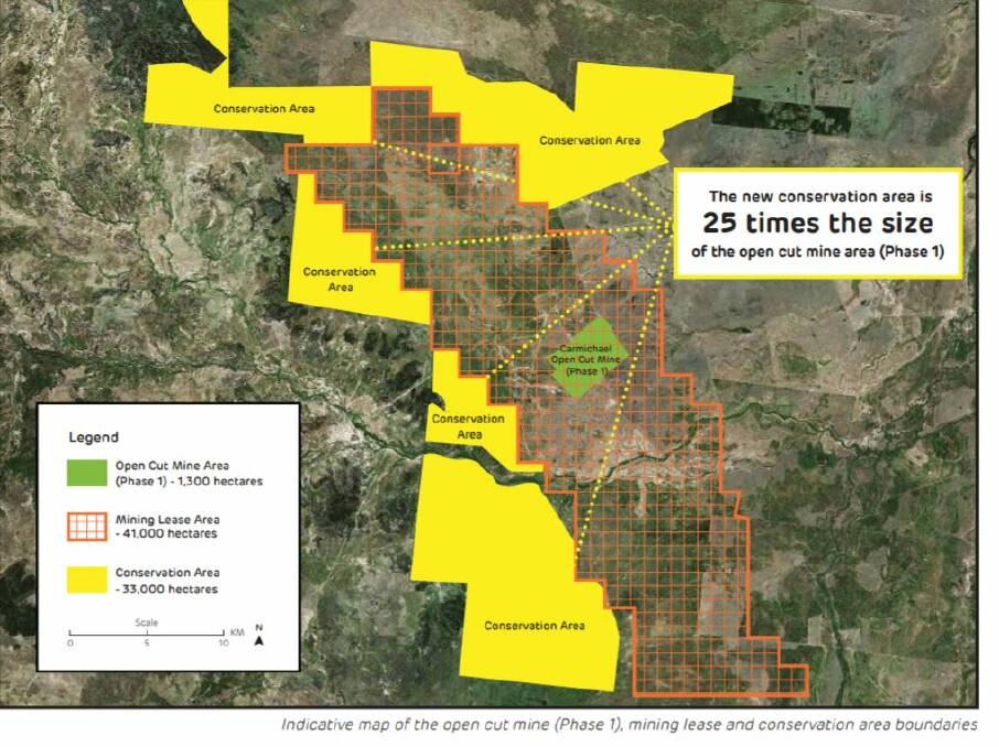 The yellow area shows the 33,000 hectares of land set aside as a conservation zone to protect the black-throated finch and other threatened species. Photo: supplied