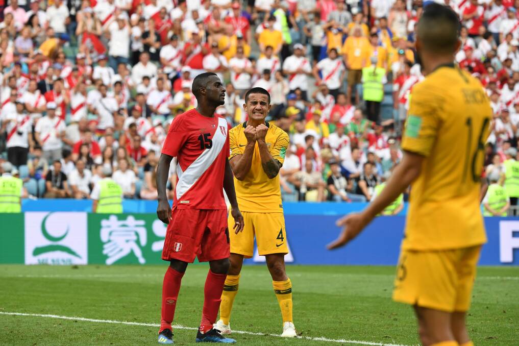 Australia's Tim Cahill reacts during their final FIFA World Cup group match against Peru. Photo: AAP