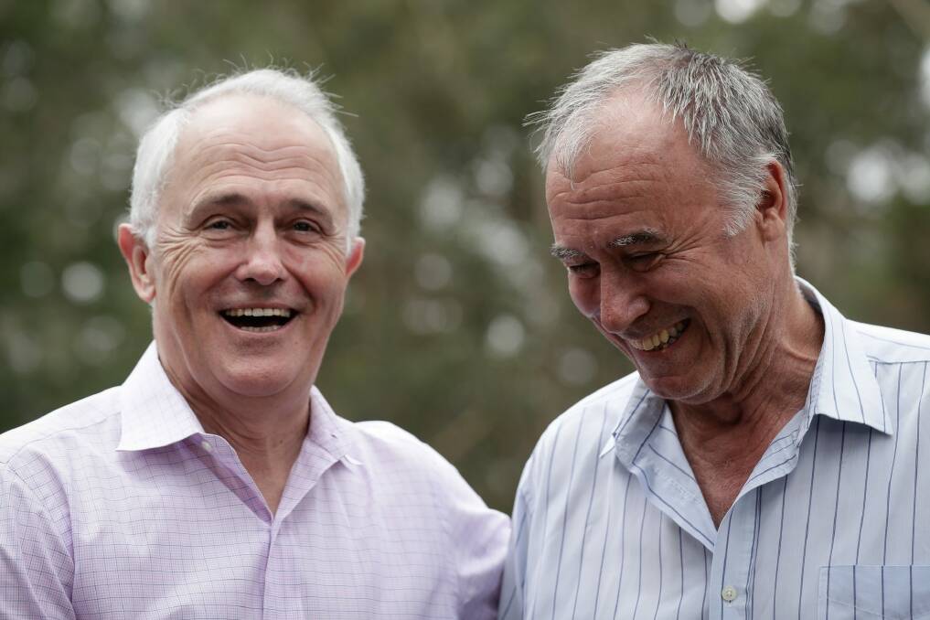 All smiles: Prime Minister Malcolm Turnbull and John Alexander address the media. Photo: Alex Ellinghausen