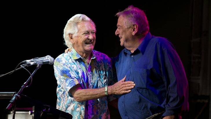 Former prime minister Bob Hawke onstage with Woodford Folk Festival director Bill Hauritz. Photo: Harrison Saragossi