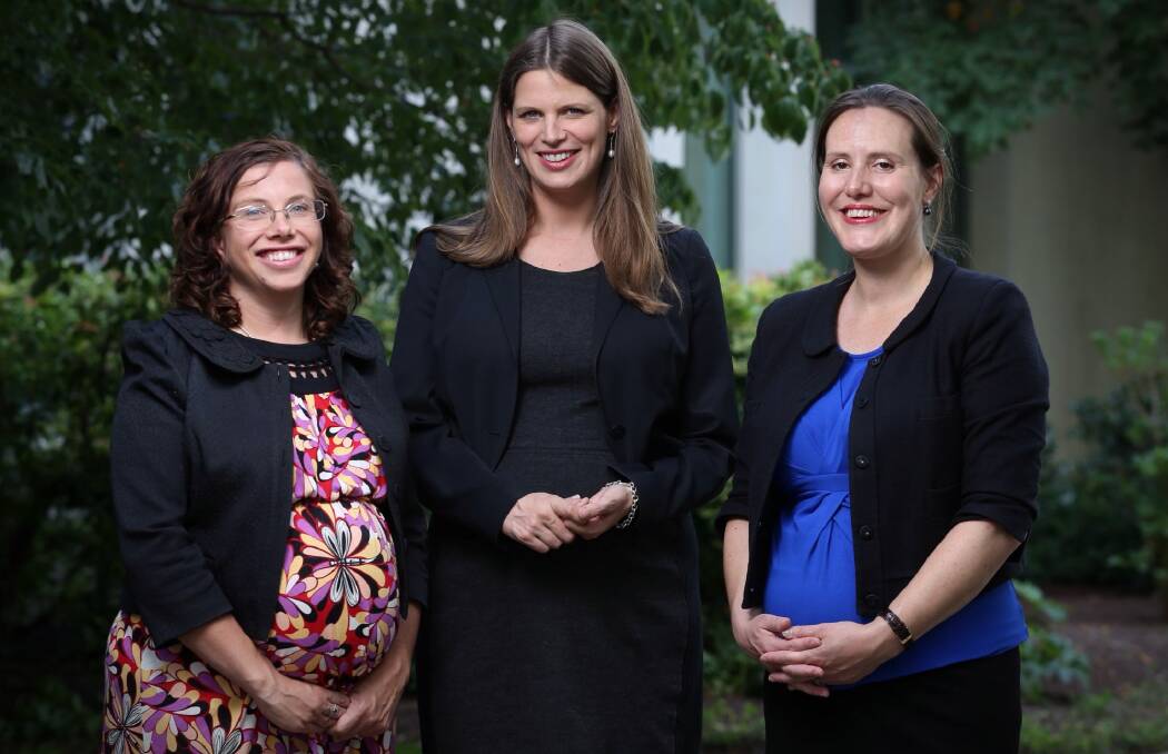 Labor MPs Amanda Rishworth and Kate Ellis and Liberal MP Kelly O'Dwyer were all pregnant with their first babies in 2015. Photo: Andrew Meares