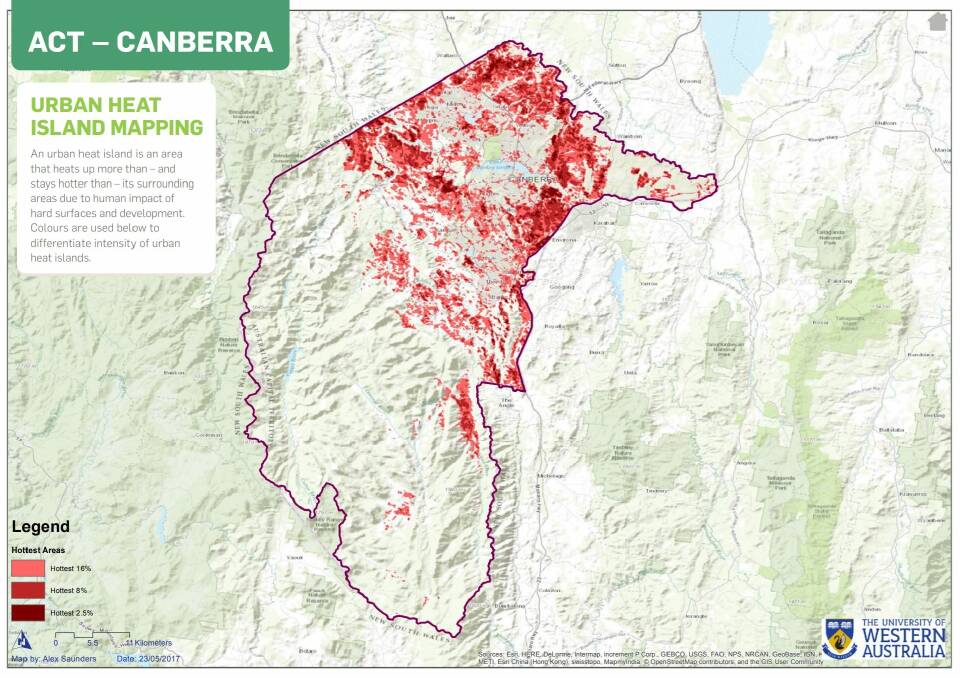 The heat map of Canberra, with darker colours increasing the hottest parts. Photo: Supplied
