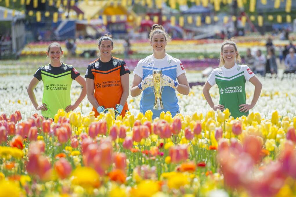 Canberra United players  Nicole Begg, Lydia Williams, Melissa Maizels and Grace Maher launch their W-League season at Floriade on Thursday.
 Photo: Jay Cronan