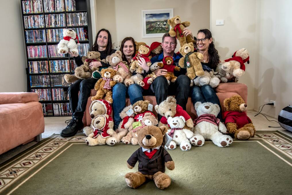 The Anthoney family (from left) Jarrett, Nalani, Steve and Yvonne with Dainere's collection of Myer Christmas Bears. Photo: Karleen Minney