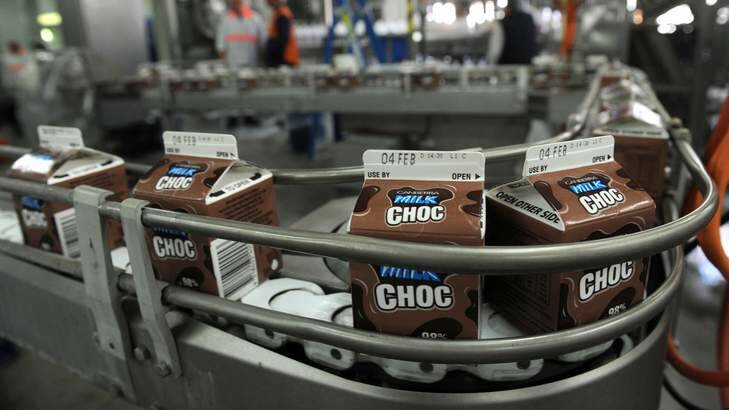 Canberra Milk's new flavour  "Milk Choc" on the production line in the Fyshwick factory. Photo: Graham Tidy