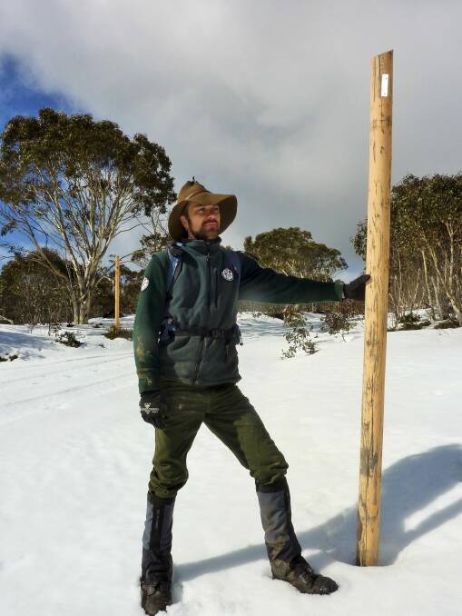 Markers: ACT ranger Brandon Galpin at one of the snow poles that mark the side of the Mt Franklin Road. 

 Photo: Tim the Yowie Man
