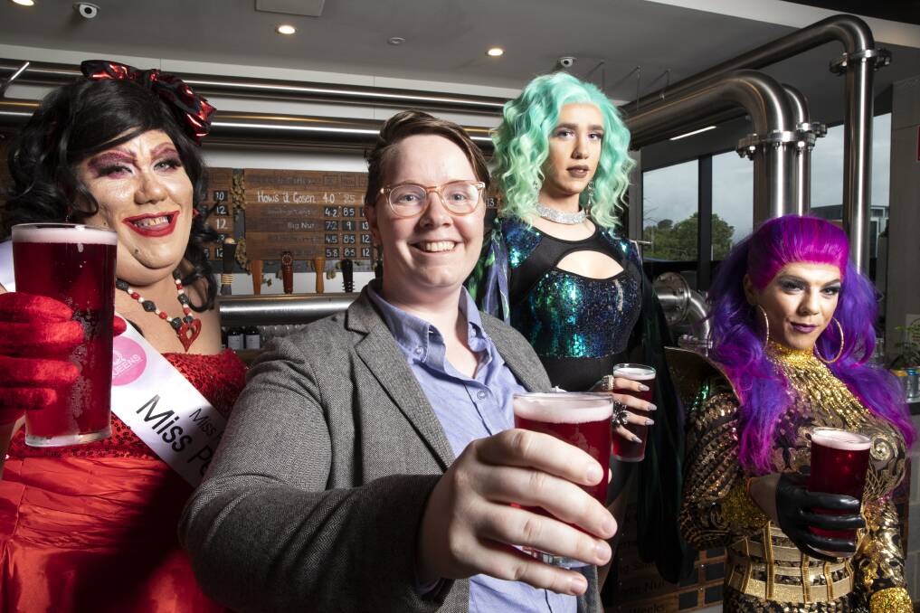 Mad B, Yes!Fest organiser G Guthrie, Queen B, and Vanity Wilde at Bentspoke Brewery in Braddon, who have crafted a raspberry beer called the Frenzy to celebrate the anniversary of the marriage equality vote.  Photo: Sitthixay Ditthavong