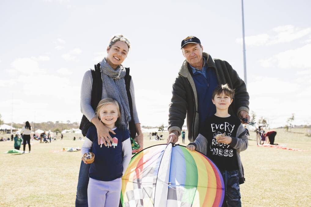 Amity Raymont (left) with her father, Will Raymont and children Lea Michel and Ashton Michel at Flying High on Saturday, with this year's event coinciding with Father's Day. Photo: Jamila Toderas