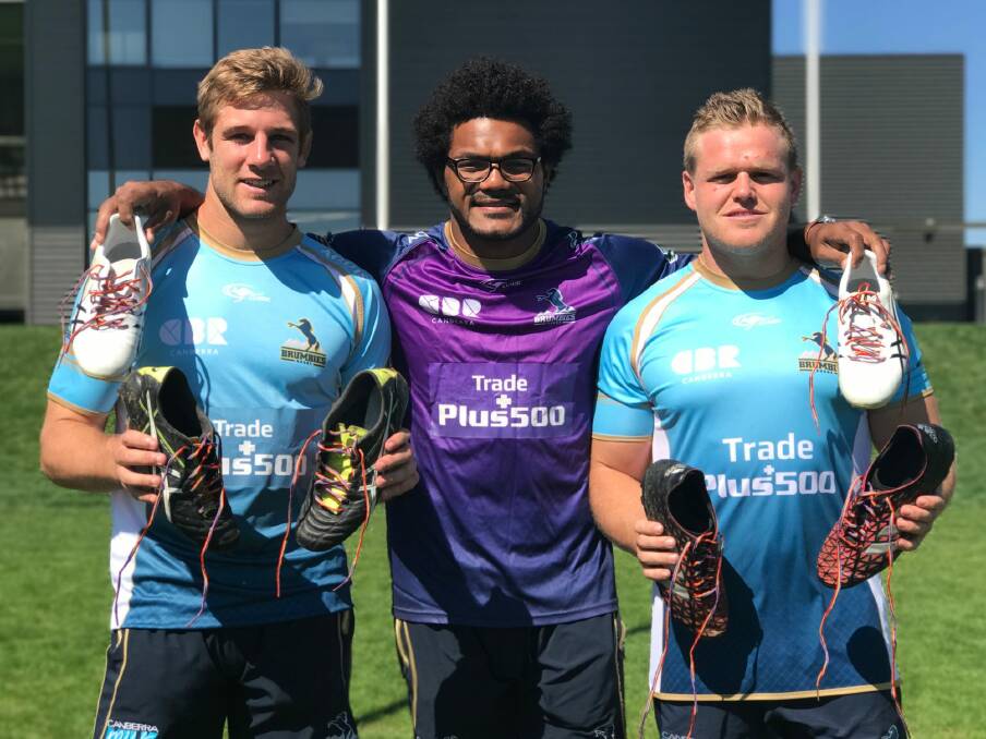 Kyle Godwin, Henry Speight and Nic Mayhew from the Brumbies support the Rainbow Round of Sport and will be wearing their #rainbowlaces.  Photo: supplied
