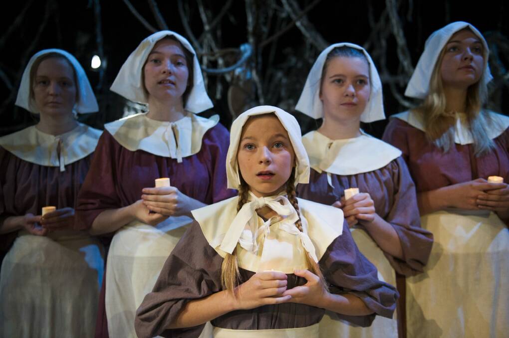 The Hysterical Girls from the cast of <i>The Crucible</i>, from left, Saffron Dudgeon, Yanina Clifton, Katy Larkin, Alysandra Grant and Zoe Priest. Photo: Jay Cronan