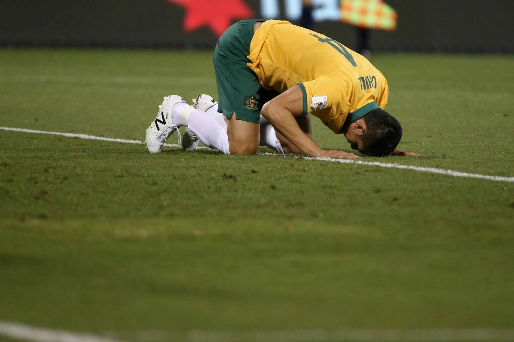 Tim Cahill after a missed opportunity against Kyrgyzstan. Photo: Alex Ellinghausen