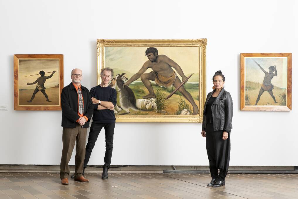 Co-curators of the exhibition, Professor Greg Lehman from the University of Tasmania and Dr Tim Bonyhady from the ANU, with National Gallery of Australia senior curator of Aboriginal and Torres Strait Islander Art Franchesca Cubillo. Photo: Sitthixay Ditthavong