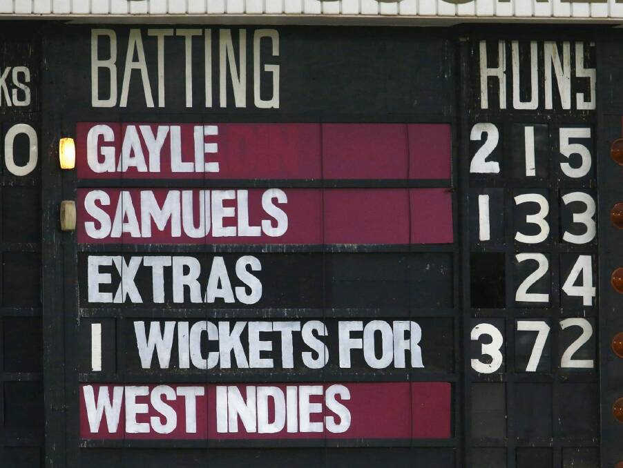 The scoreboard reflects the record-setting partnership of West Indies batsmen Chris Gayle and Marlon Samuels Photo: David Gray