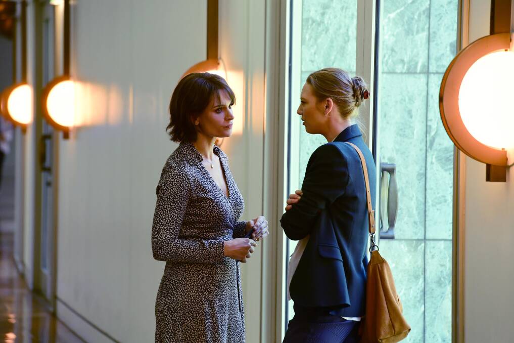 Danielle Cormack as Karen Koutoufides and Anna Torv as Harriet Dunkley in a scene at Parliament House. Photo: Tony Mott