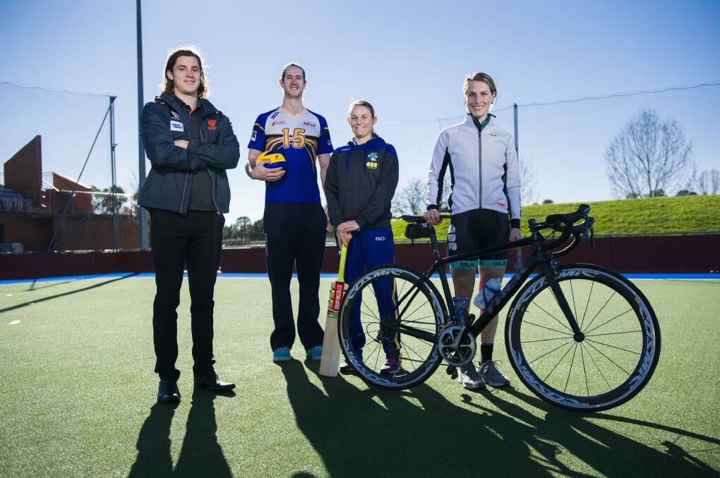 Giants player Jack Steele, Volleyroo Travis Passier, cricketer Erin Osborne and cyclist Iona Halliday attended the launch of the new ACT sports awards. Photo: Rohan Thomson