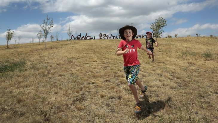 George Powell, 8, and his brother Felix, 5, from Kambah, play at the National Arboretum. Photo: Jeffrey Chan