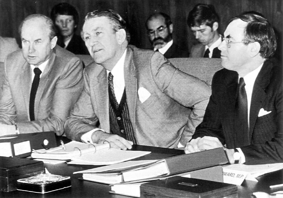 At a 1981 Premiers Conference in Canberra, Peter Nixon, minister for primary industry, Malcolm Fraser and John Howard.