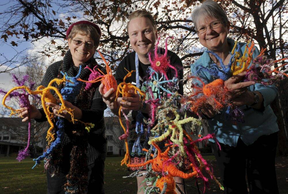 Dr Ian McDonald from Alzheimer's Australia flanked by
Neural Knitworks members Pat Pillai, left, and
Rita Pearce. They are holding "textile neurons" made by patients with dementia. Photo: Graham Tidy