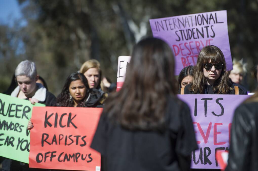 A survivor speaks to students calling for more action from the ANU on sexual violence reforms. Photo: Elesa Kurtz