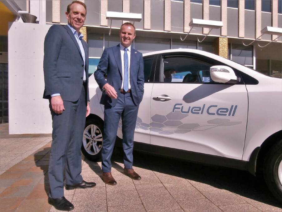 Minister for Environment and Climate Change, Simon Corbell and Chief Minister Andrew Barr. Canberra is to get a fleet of 20 hydrogen-powered Hyundais as a result of a $180m investment by Neoen. Photo: David Ellery