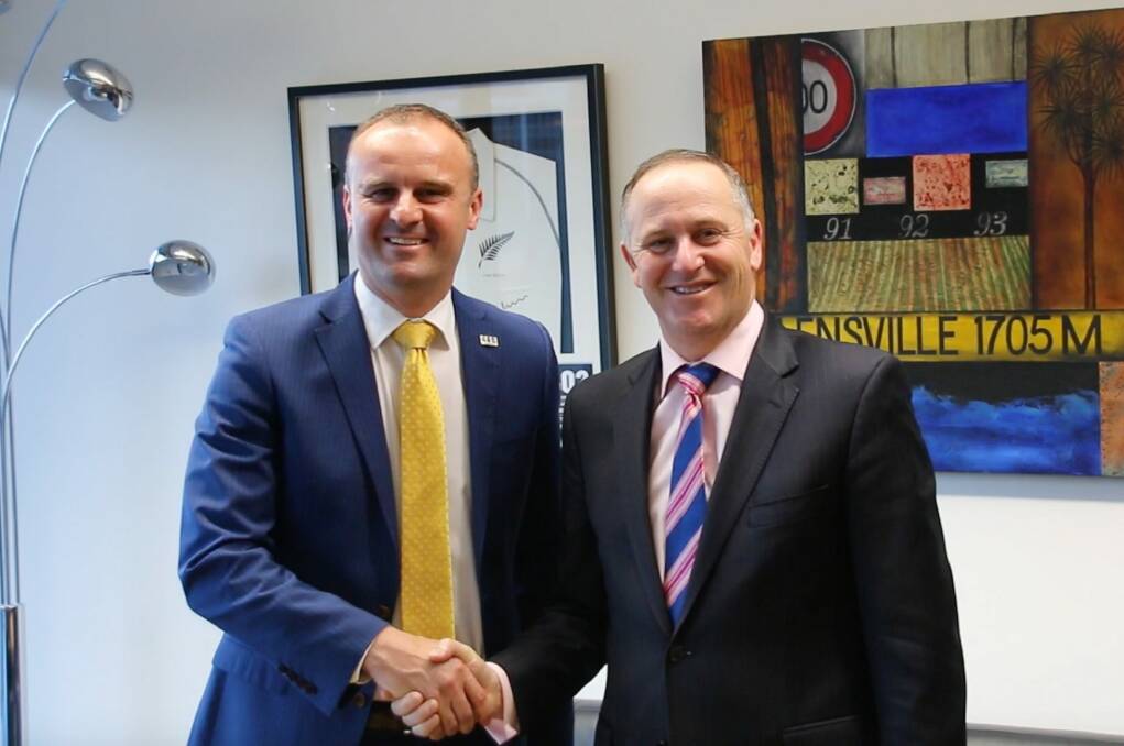 ACT Chief minister Andrew Barr and New Zealand Prime Minister John Key meet in Wellington. Photo: Supplied