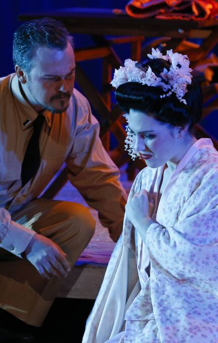 Matthew Reardon as Pinkerton and Sharon Zhai as Cio-Cio-San in Opera Australia's 2018 touring production of <i>Madame Butterfly</i>.
 Photo:  Jeff Busby