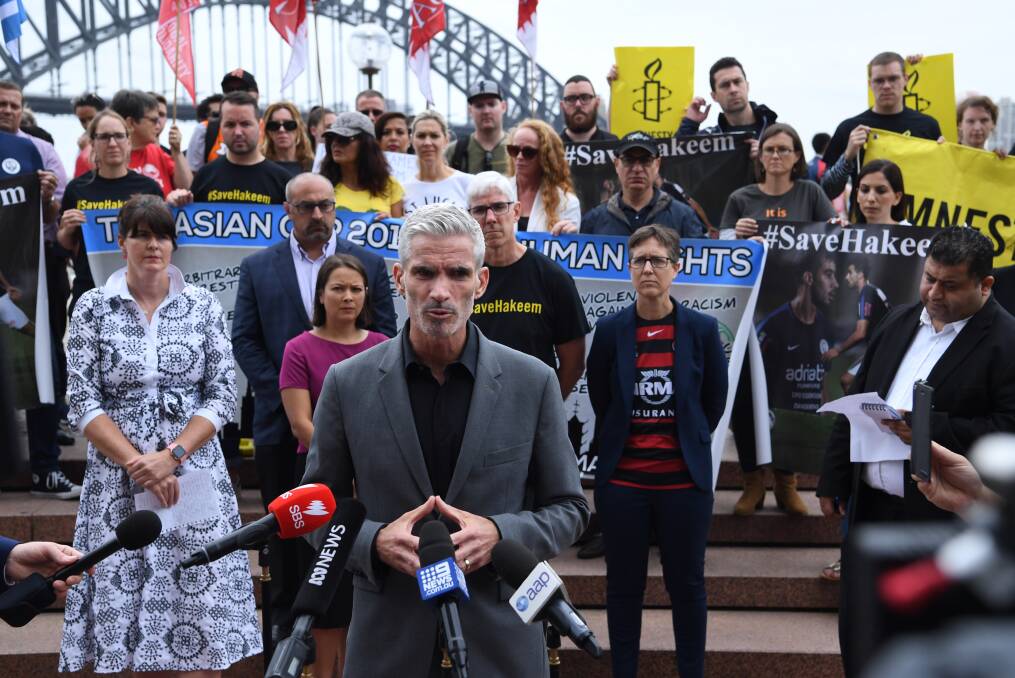 Former footballer and SBS presenter Craig Foster at a rally in Sydney for Hakeem al-Araibi. Photo: Kate Geraghty