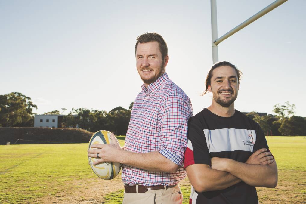 Assistant coach of Australian Schools Barbarians rugby union team Ben McGee, with head coach Dan Hawke. Photo: Jamila Toderas