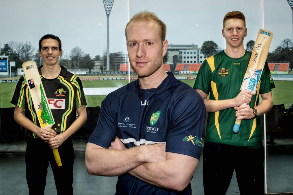 Alexander, Tim and Benji are representing Australia in indoor cricket. Photo: Cameron Walter