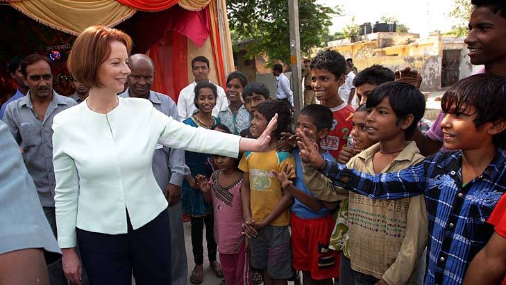 Slanting young &#8230; Julia Gillard meets Indian children. Photo: Alex Ellinghausen