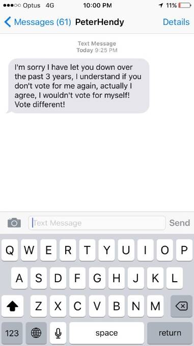 A text message, purporting to be from Liberal MP Peter Hendy. The recipient doesn't have Dr Hendy's number in his phone, indicating it was sent as bulk SMS marketing. Photo: Nathan Thompson