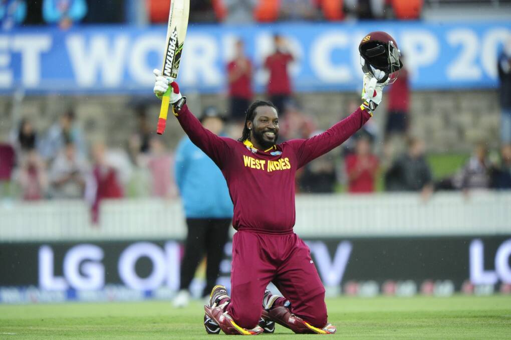 Chris Gayle's double century was one of the highlights of the cricket World Cup games at Manuka Oval. Photo: Melissa Adams 