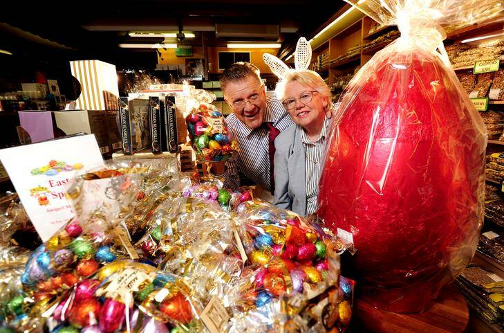 Hansel & Gretel owners Manfred and Margitta Obermeder with the selection of easter eggs in their Phillip store. Photo: Stuart Walmsley