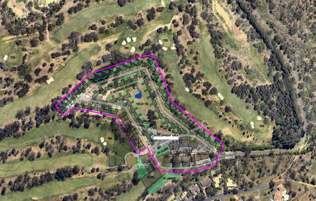 The location of the federal golf club housing proposal in Canberra from a 2016 brochure. The club wants to build 125 homes and a new clubhouse with gym. No updated plans have been released.