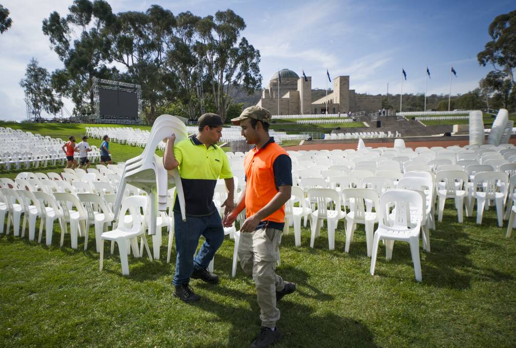 Hamish Griffen and Rohin Ashkbar help set up for Anzac Day services at the Australian War Memorial. Photo: Elesa Kurtz