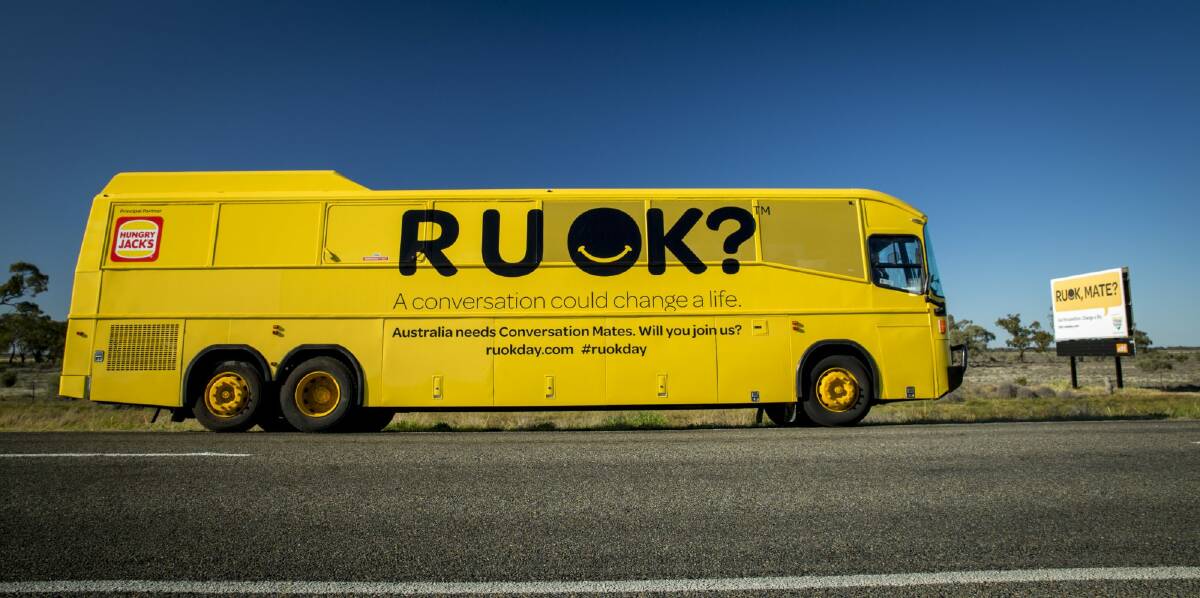 Hard to miss: The R U OK bus brings a strong message with it when it stops in town. 