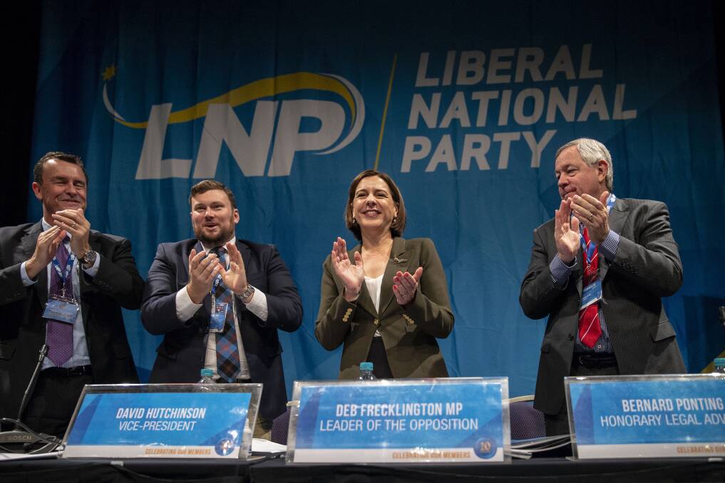 Outgoing LNP president Gary Spence, incoming acting president David Hutchinson and LNP leader Deb Frecklington at the Queensland LNP state convention. Photo: AAP Image/ Glenn Hunt