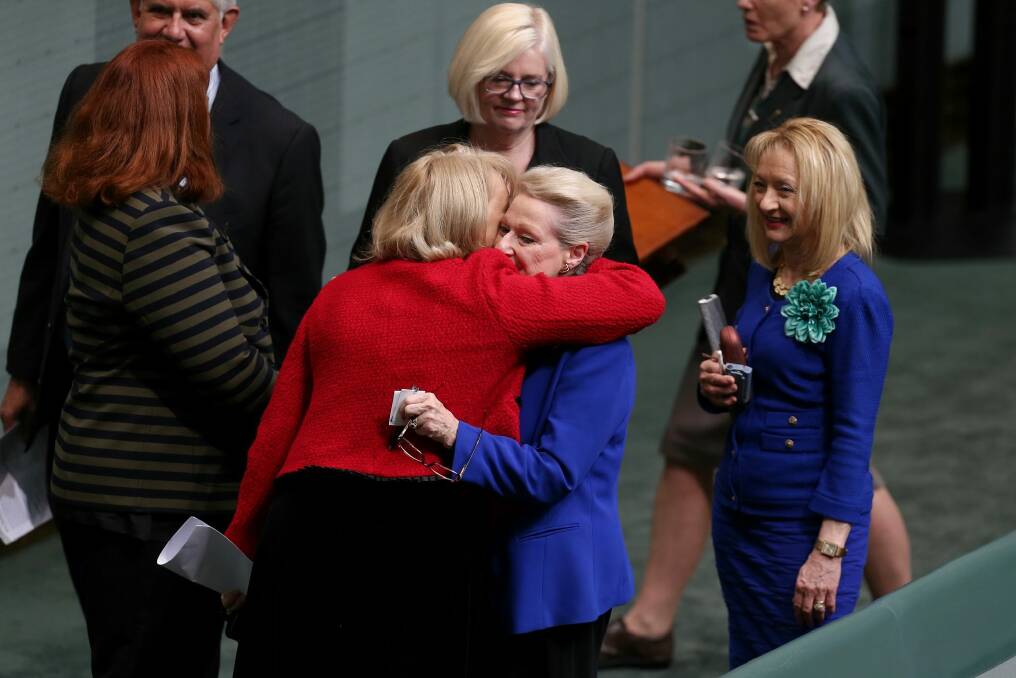 Bronwyn Bishop is embraced by colleagues after the vote to replace her. Photo: Alex Ellinghausen