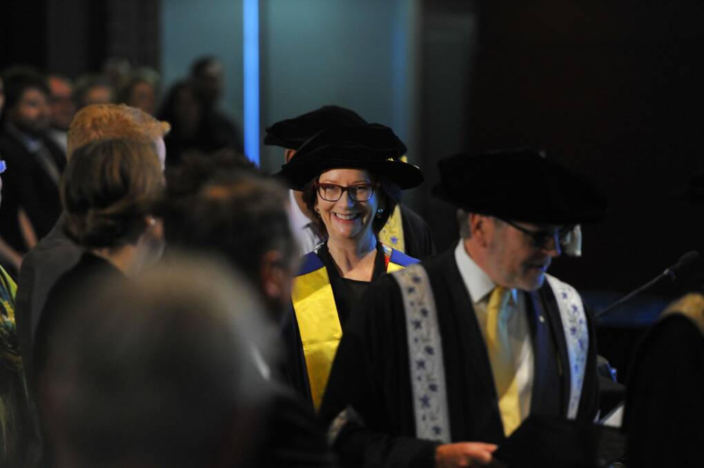 Former prime miniser Julia Gillard receives an honorary doctorate from the University of Canberra. Photo: Jay Cronan