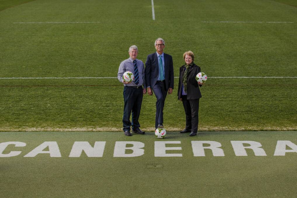 Capital Football president Mark O'Neill, CEO of the FFA David Gallop, and Capital Football chief Heather Reid announced the Socceroos will play Kyrgyzstan in World Cup qualifier in Canberra. Photo: Jamila Toderas