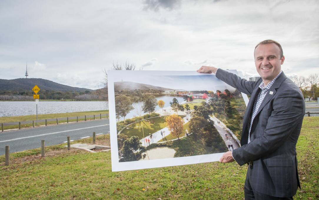 ACT Chief Minister Andrew Barr on the site of a planned new lakefront park, the first stage of the West Basin redevelopment. Photo: Matt Bedford